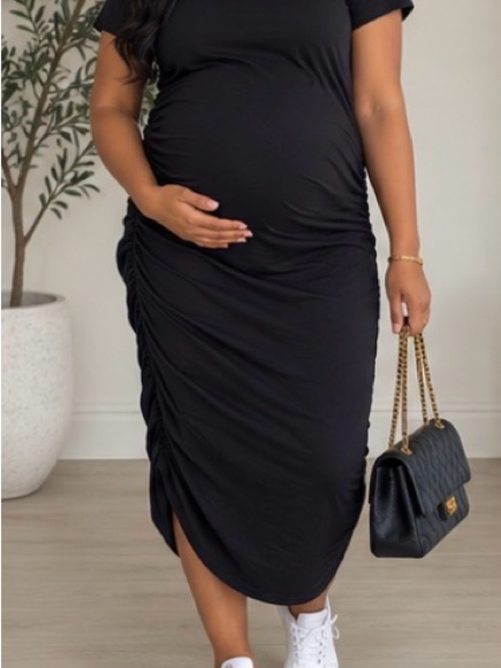 Maternity Ruched Side Black Midi Dress